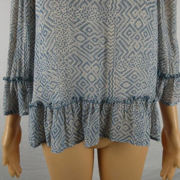 Lucky Brand Wide Neck Ruffle Detail Multi Print Lined Blouse Blue White Small - Picture 5 of 8